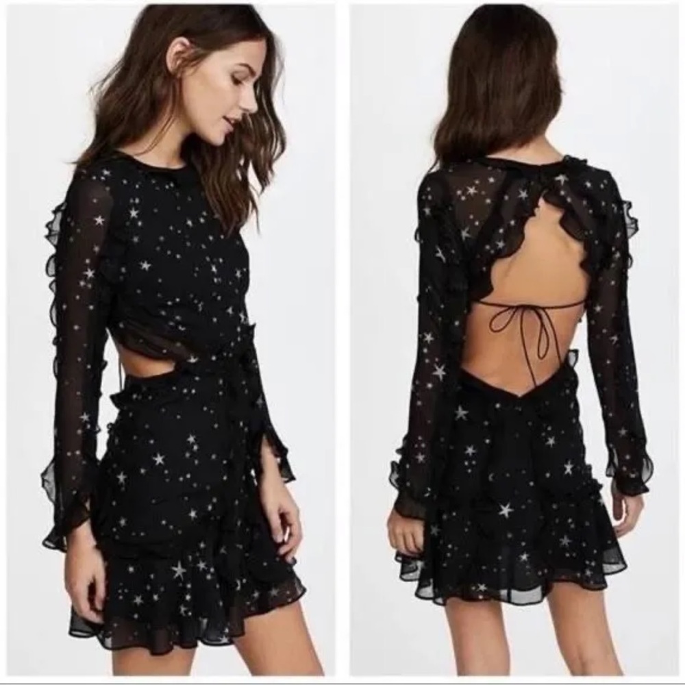 FAME and Partners The Kye black star print side cutouts ruffle mini dress 0 XS
